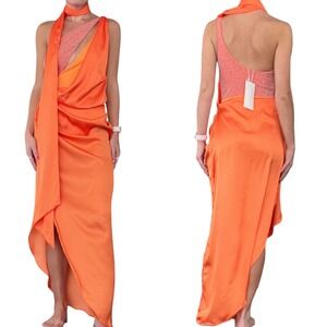 Baobab Women's Sm Gavea Orange One Shoulder Ruch Draped Silky Asaka Maxi Dress 2